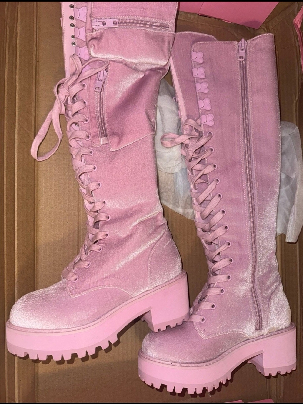 Pink Velvet Lace-Up Platform Knee-High Boots